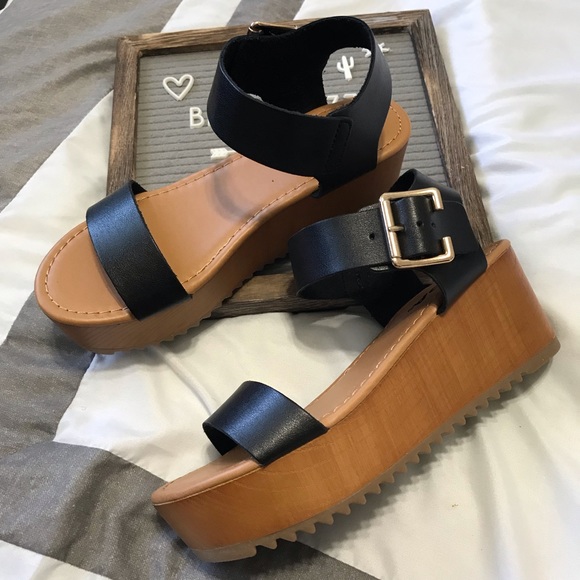 Black Sandals Wedges Classic Front Strap Buckle - Picture 6 of 8